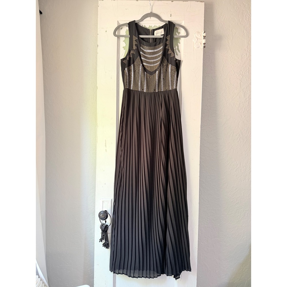 Sabine Black Studded Pleated Maxi Dress Sleeveless XS Geometric Gold Silver